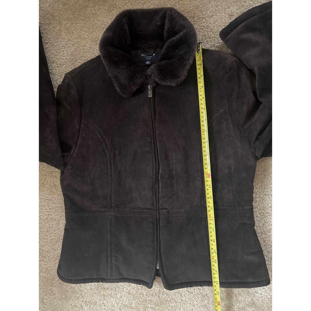 Sonoma Life Style Brown Suede Leather Jacket Faux Fur Trim Zip Front Womens M - Picture 7 of 8